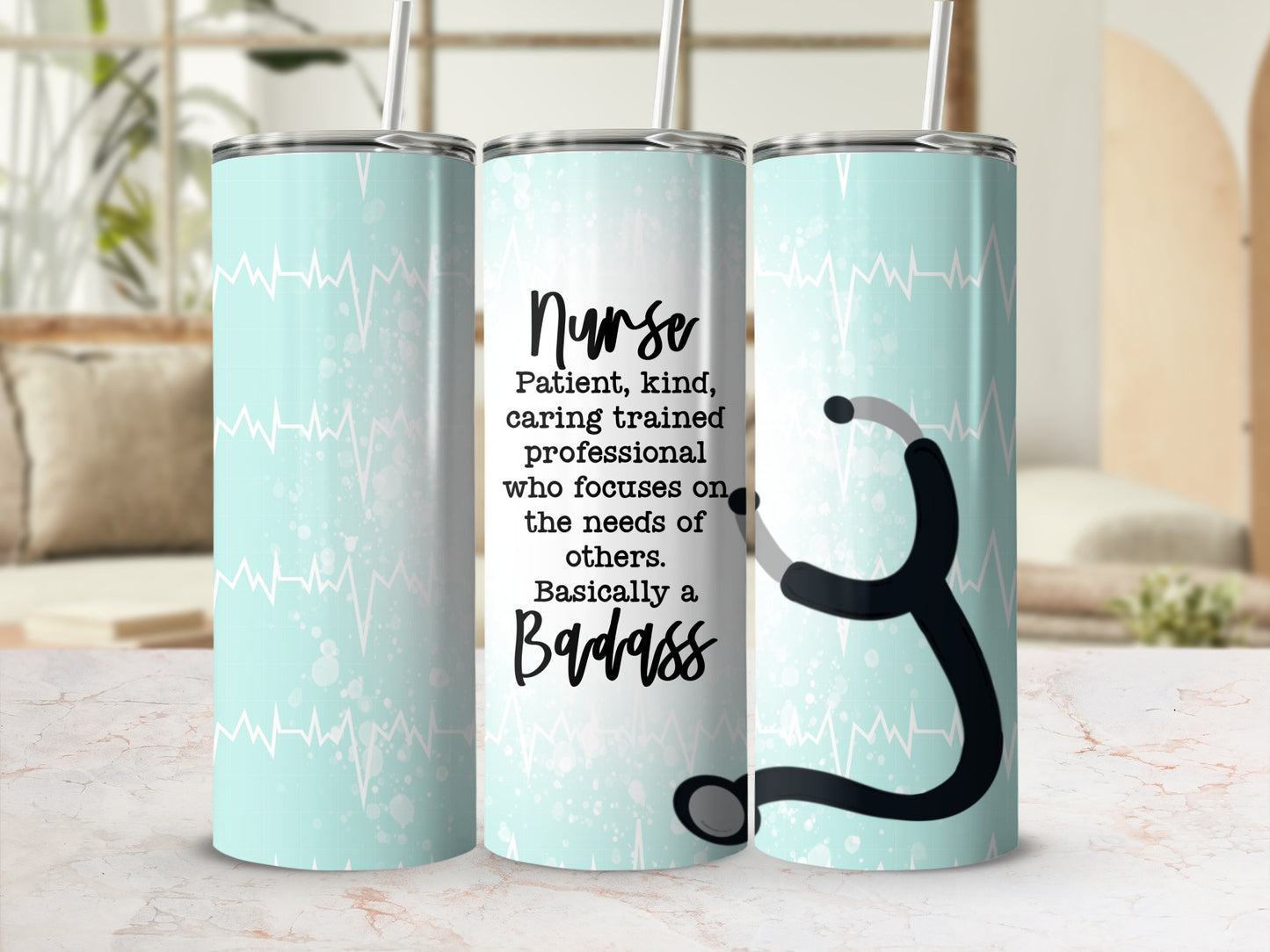 Nurse tumbler with heartbeat EKG design and motivational text.