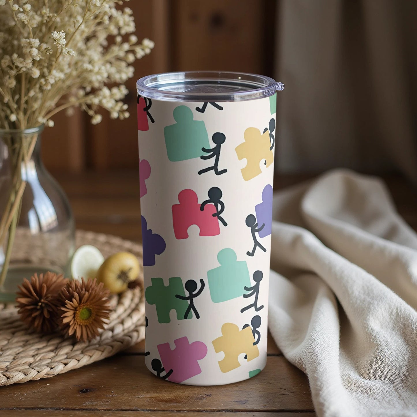 Colorful Puzzle and Stick Figures Design Tumbler