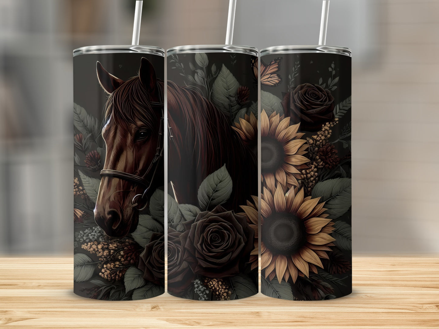 Brown horse with sunflowers and roses on a dark floral background.
