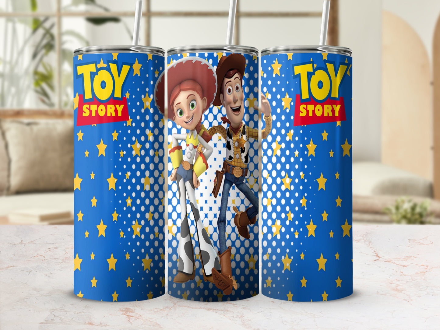 Toy Story tumbler with Woody and Jessie characters on blue background.