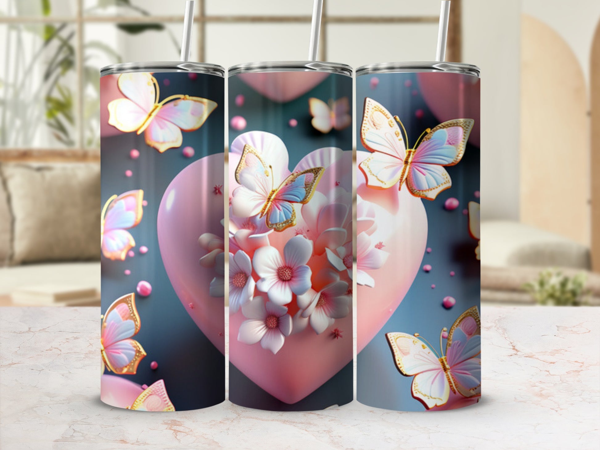 Pink heart with flowers and butterflies, on a tumbler.