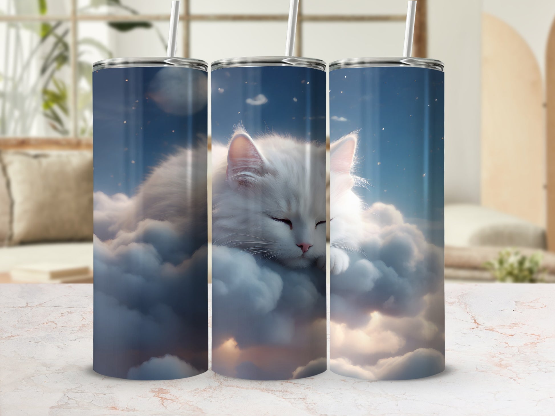 White Sleeping Cat Dream Clouds Celestial Sky Stars product type