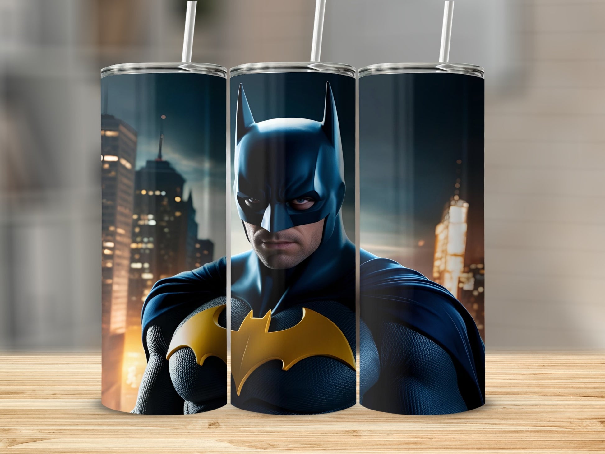 Batman character art on three tumblers with city skyline background.