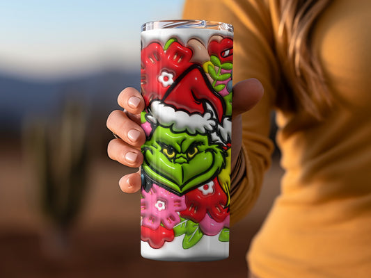 Grinch in Santa Hat Holding Flowers Tumbler