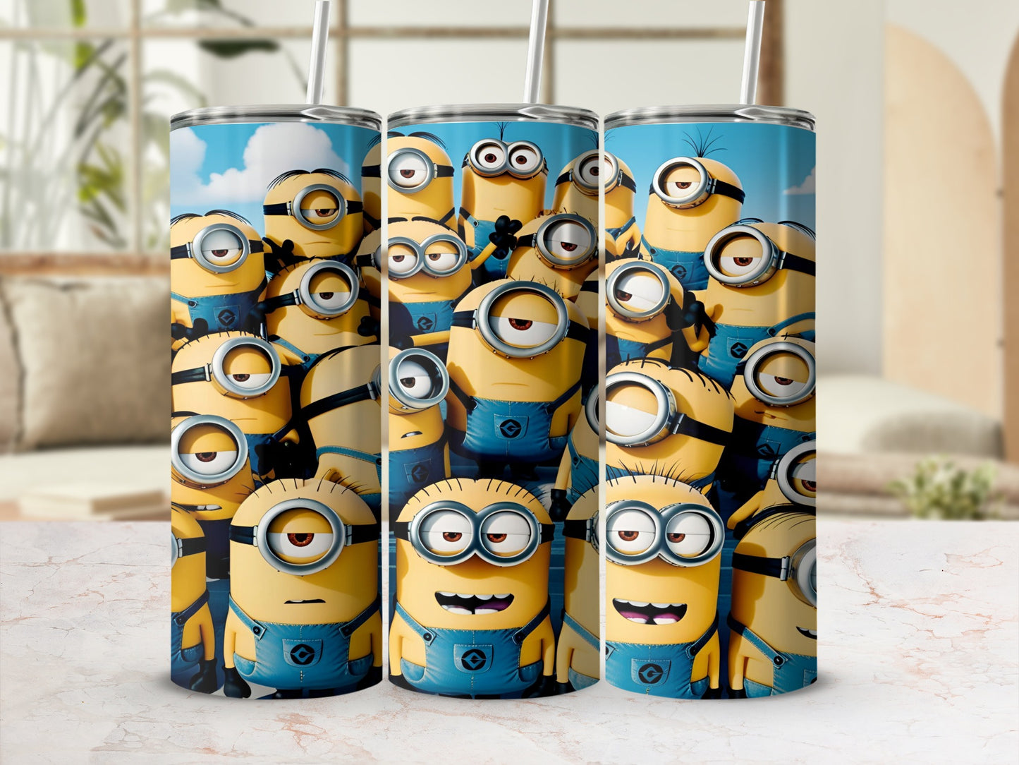Minions in denim overalls crowded together with straws in cups.