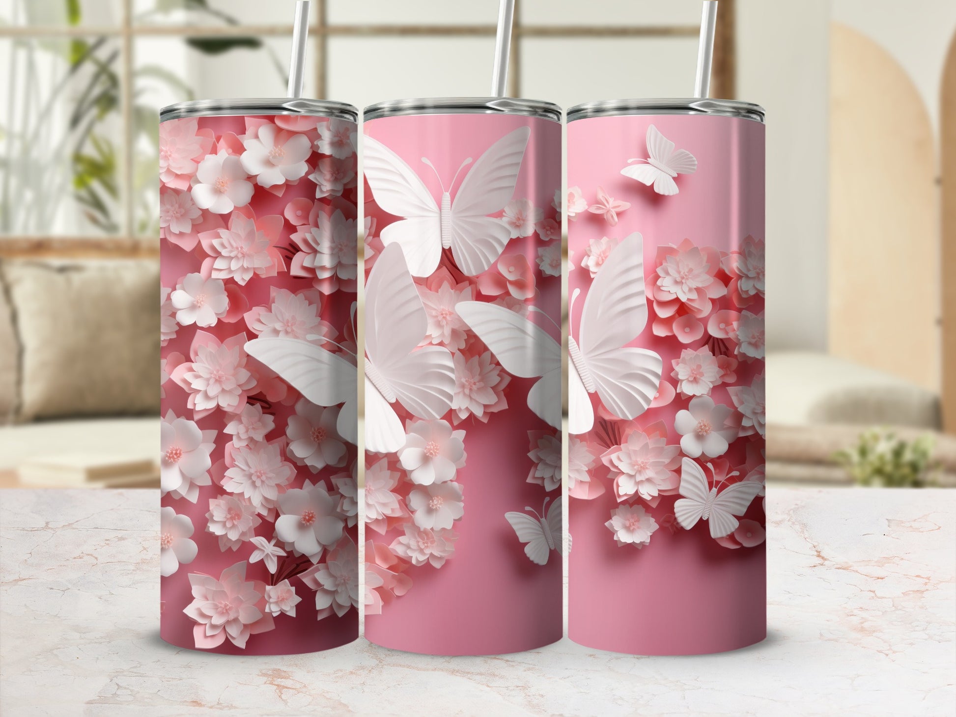 Pink Flower White Butterfly Design Pink Background product type
