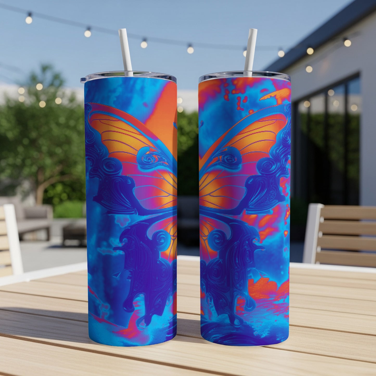 Two tall, skinny tumblers with a vibrant blue and orange butterfly wing design.