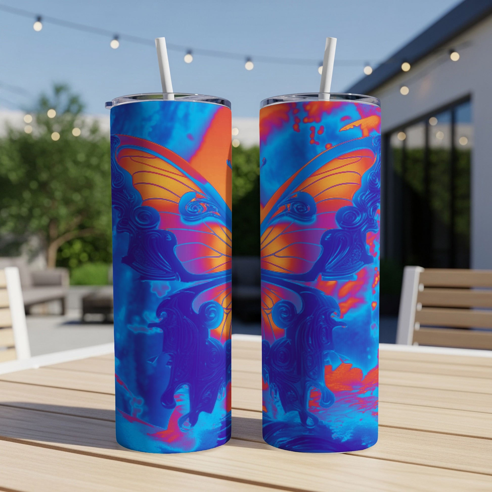 Two tall, skinny tumblers with a vibrant blue and orange butterfly wing design.