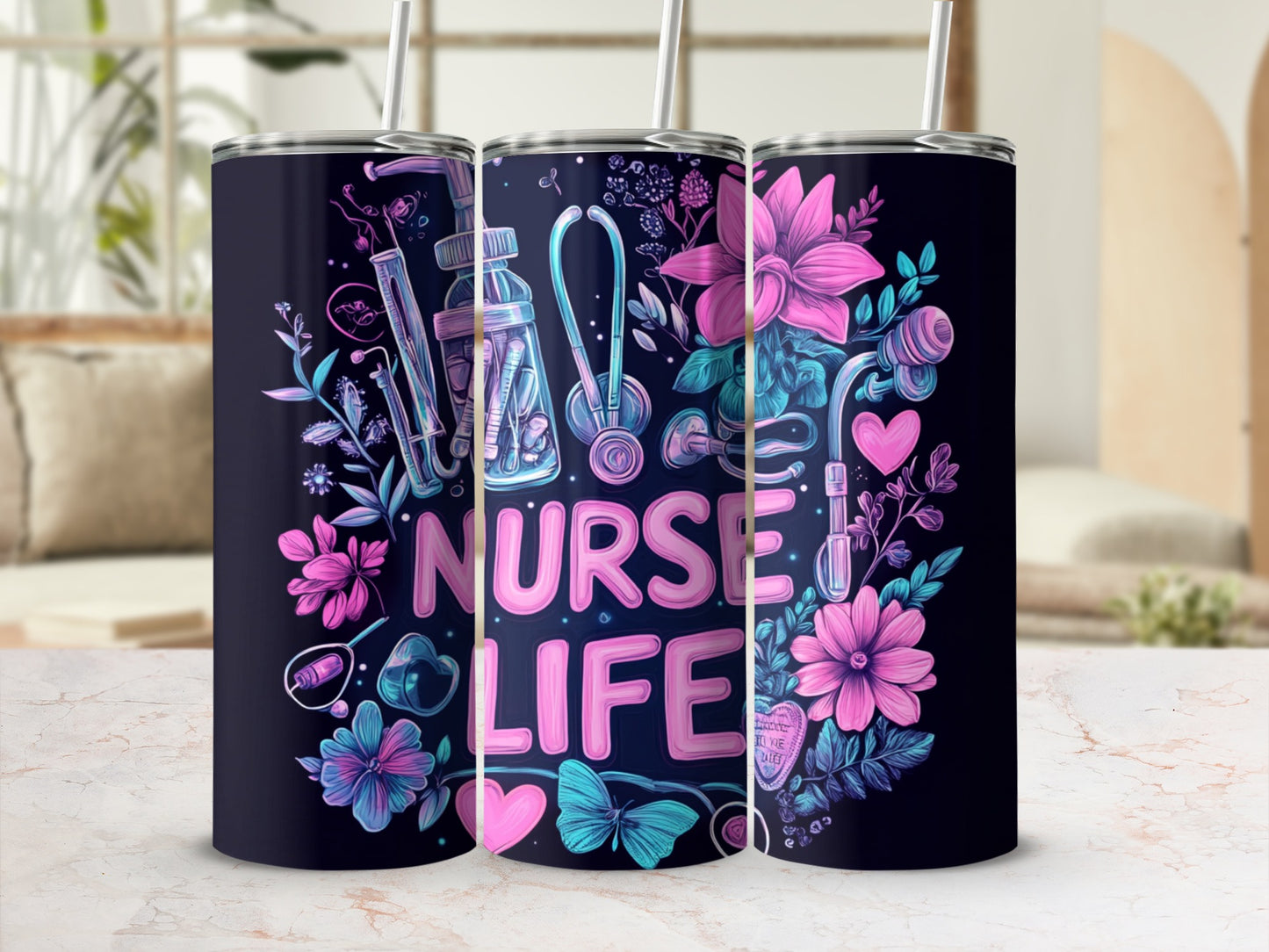 Nurse life tumbler with medical icons and pink floral accents.