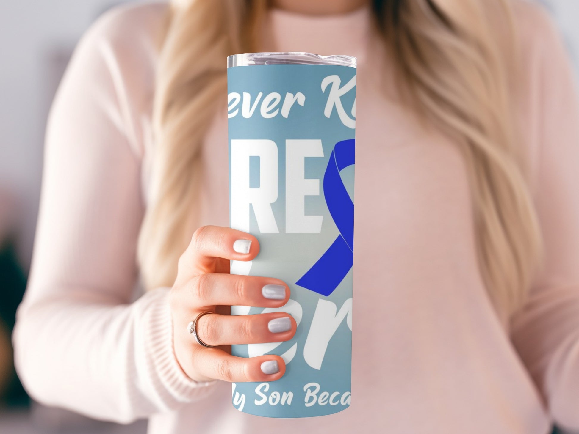 Never Know How Strong Heart Blue Ribbon Tumbler