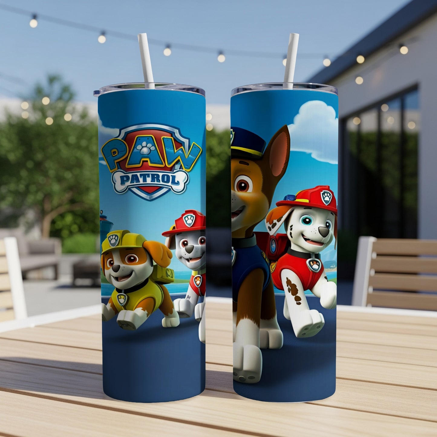 Paw Patrol characters Chase and Marshall on a blue background.