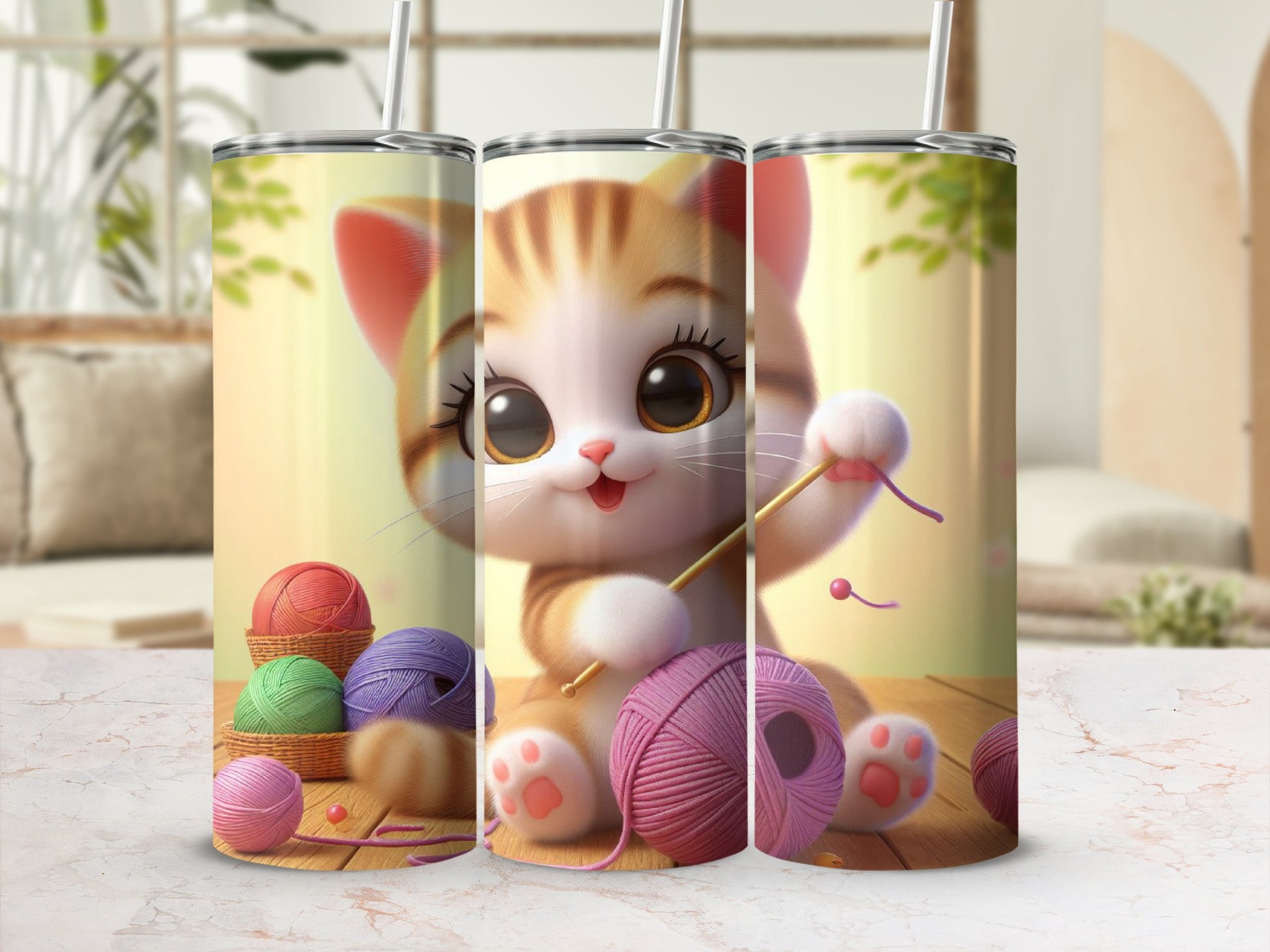 Cartoon kitten with yarn and knitting needles.