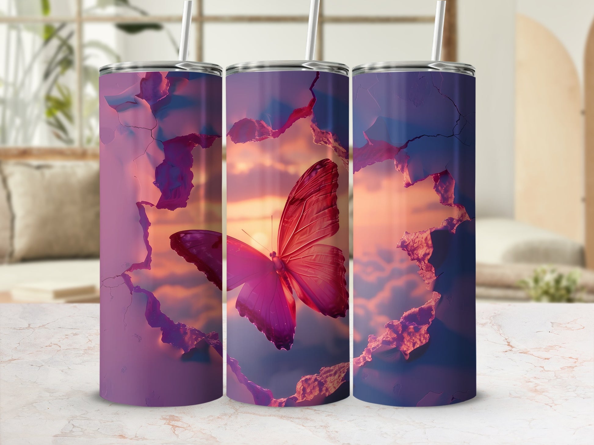 Pink butterfly emerging from a cracked purple sky on a tumbler.