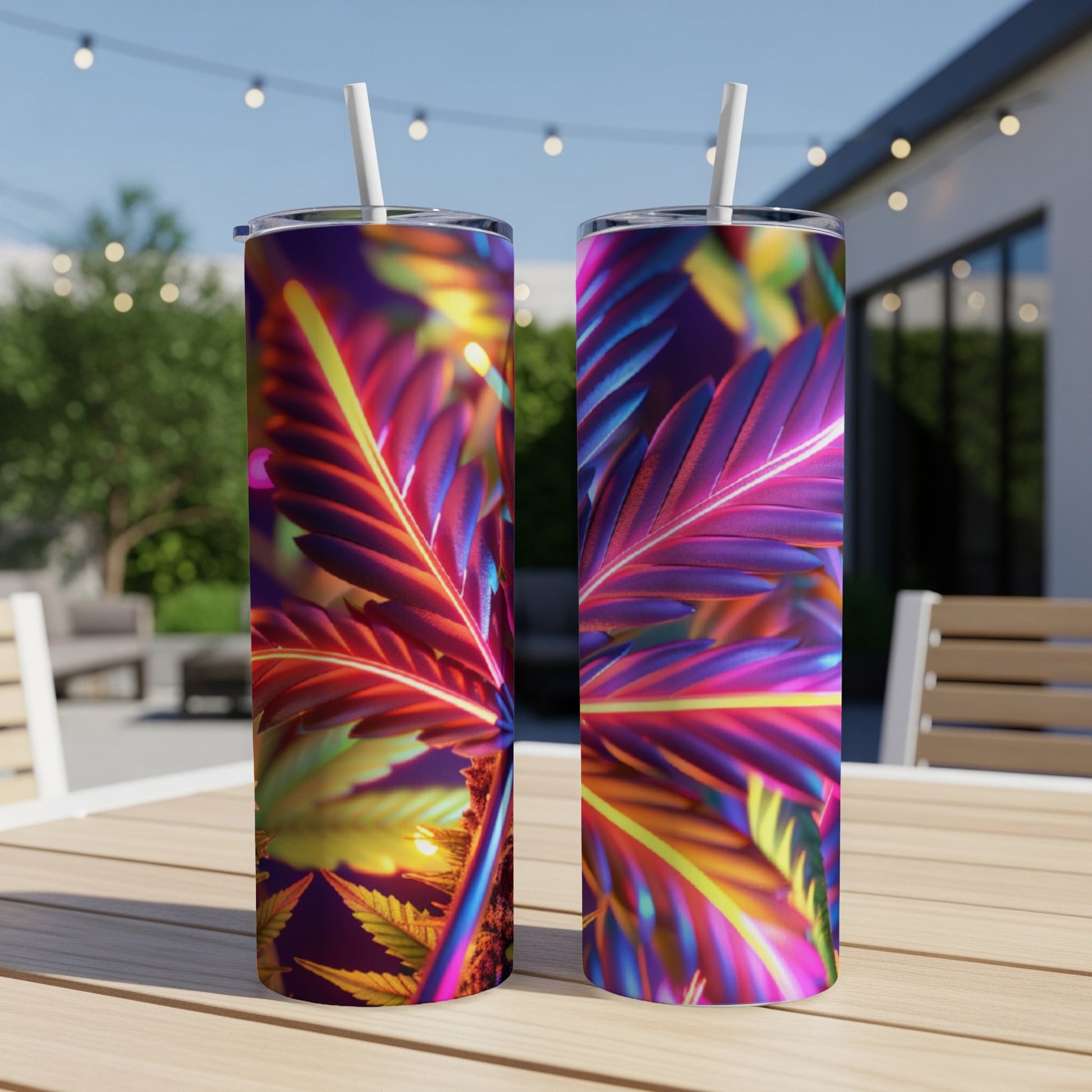 Two tall, skinny tumblers with a vibrant, colorful cannabis leaf design.