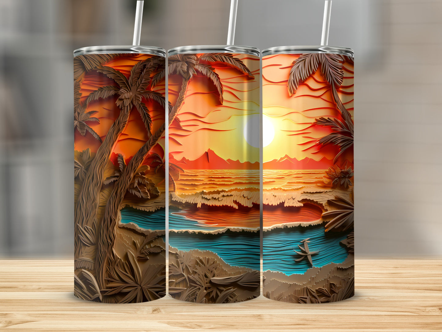 Papercut Tropical Sunset Beach Palm Trees Ocean tumbler