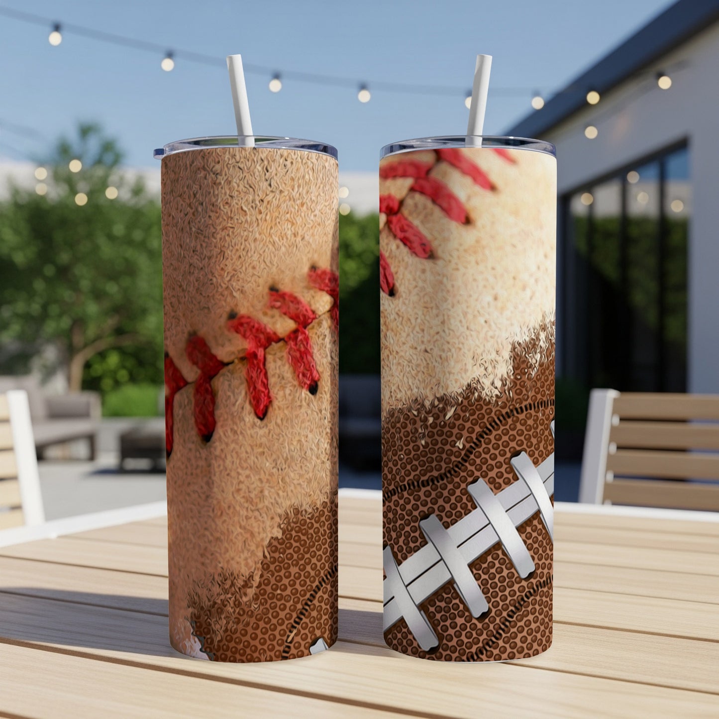 Two tall tumblers with baseball and football stitching designs.