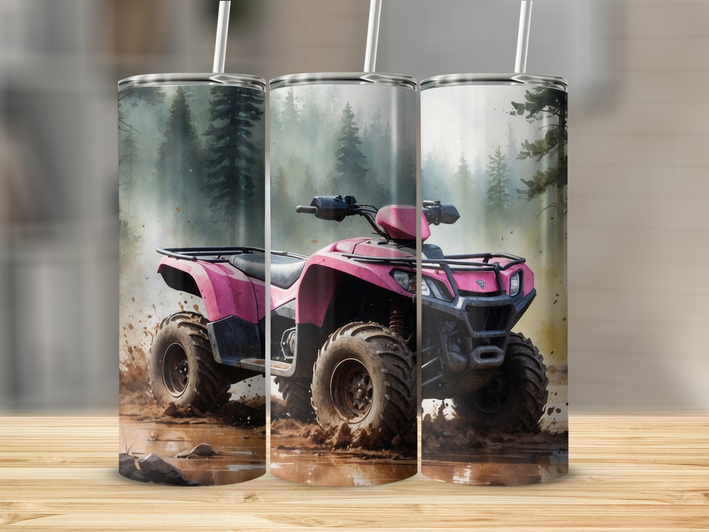 Pink ATV splashing through muddy forest trail.
