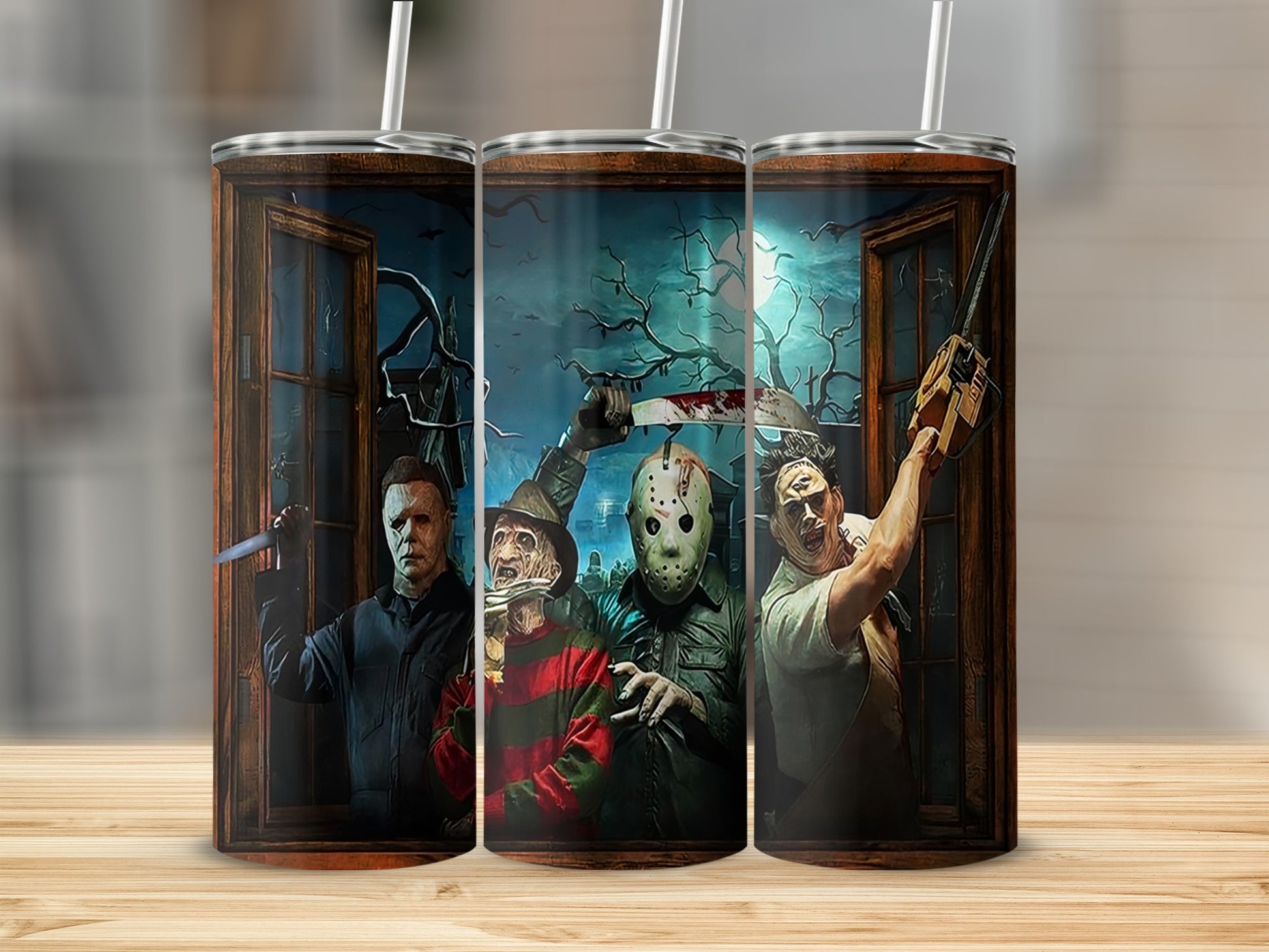 Horror movie characters Michael Myers, Freddy Krueger, and Leatherface holding weapons.