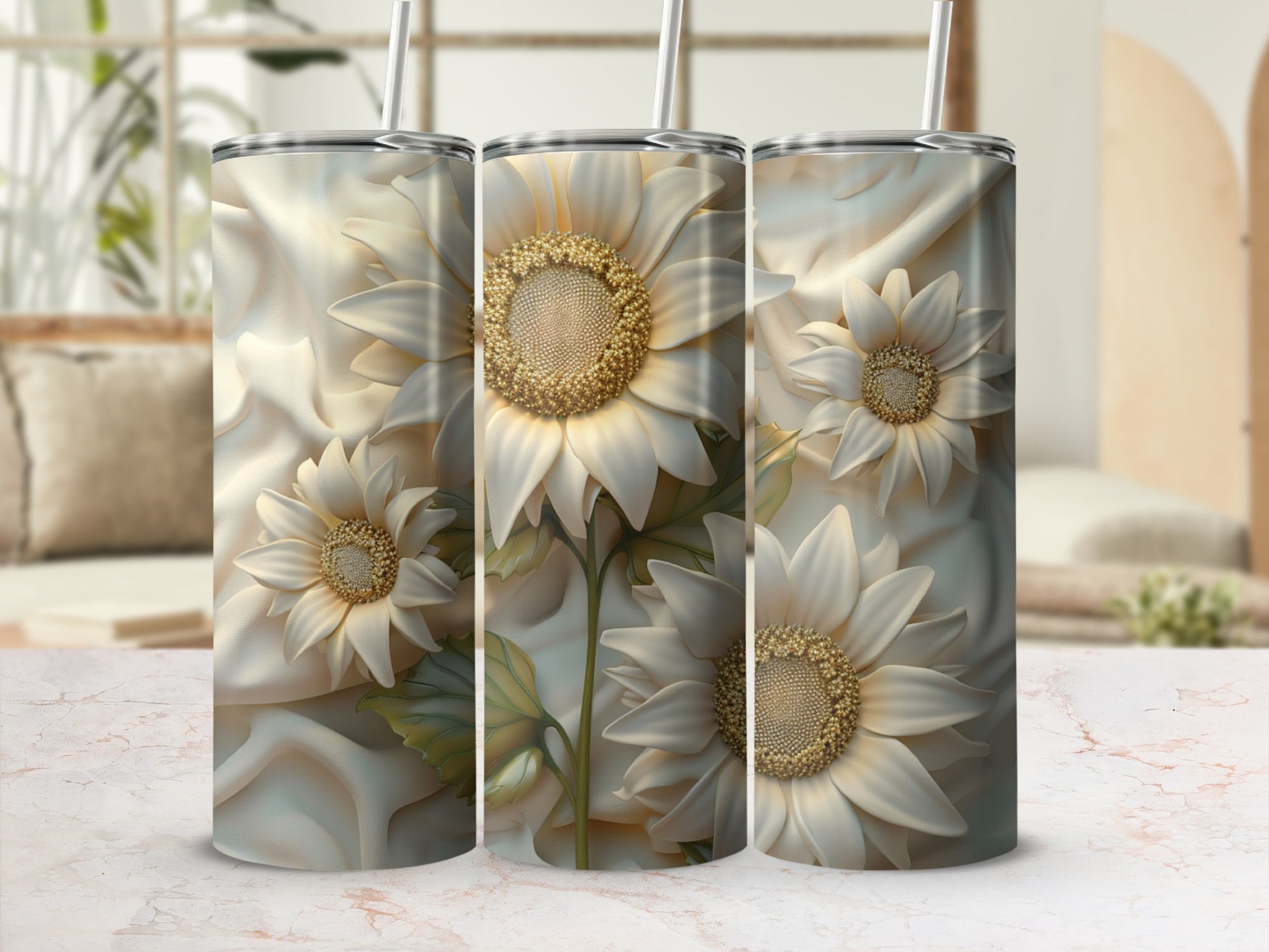 Three tall tumblers with a detailed floral design featuring sunflowers and satin fabric.