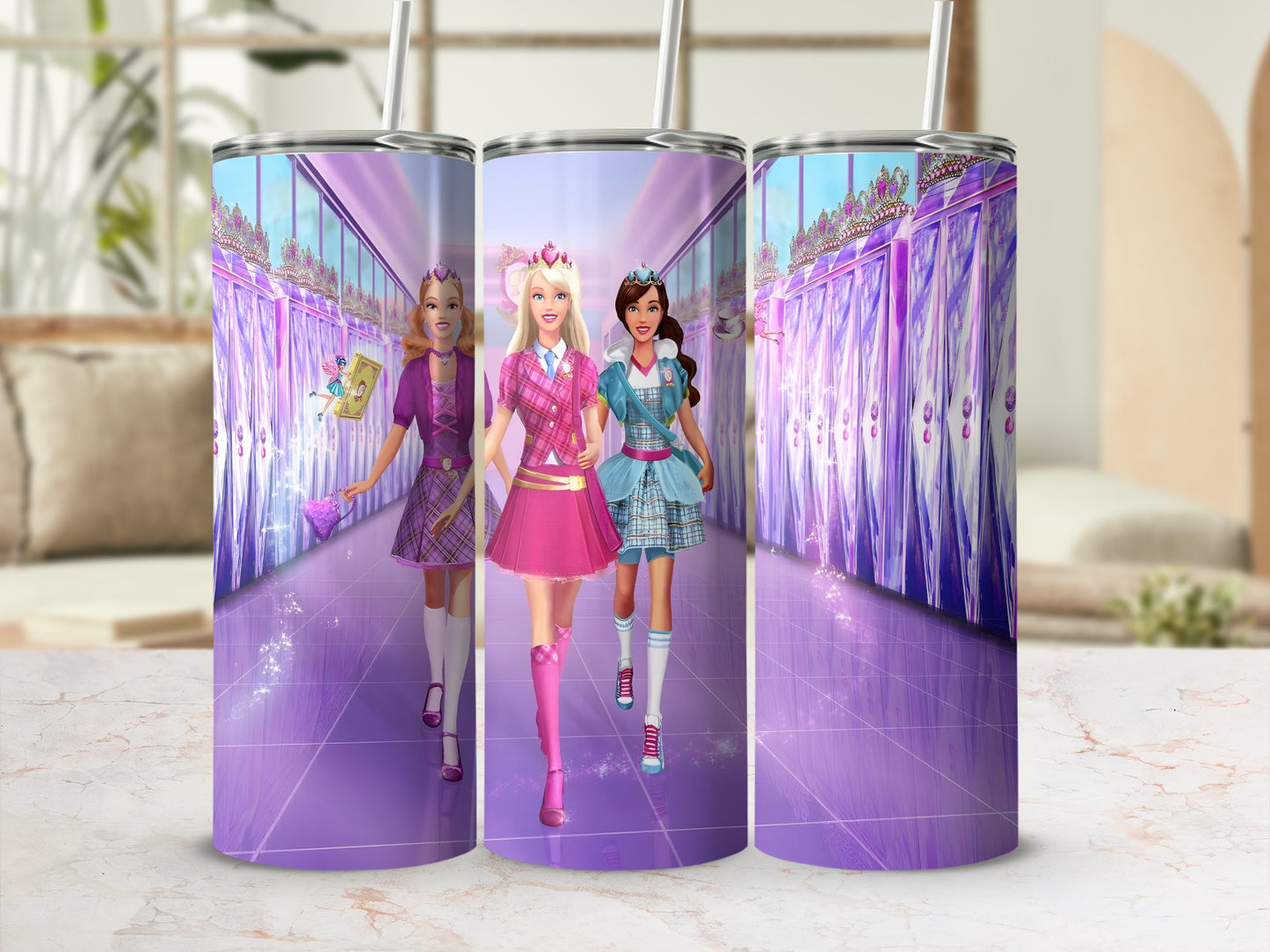 Three Barbie dolls in fashionable outfits walk down a purple tiled hallway.