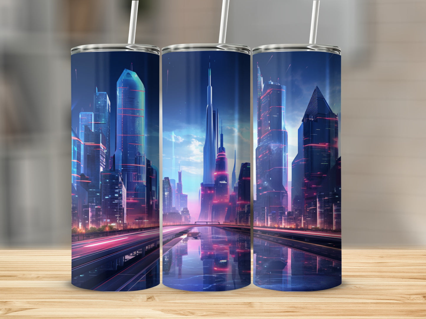 Futuristic Neon City Skyline Double-Walled Tumbler