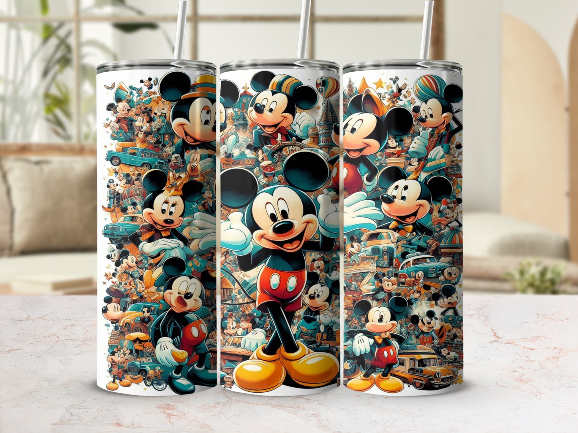 Mickey Mouse characters and vintage cars pattern on three white tumblers.