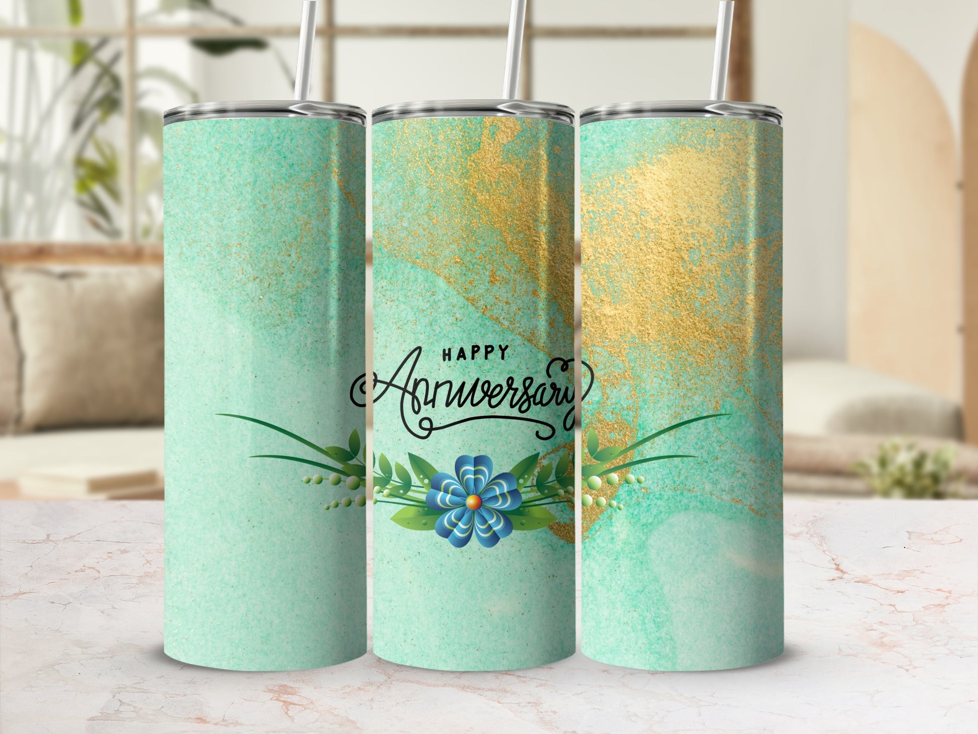 Anniversary tumbler with gold accents and "Happy Anniversary" text.