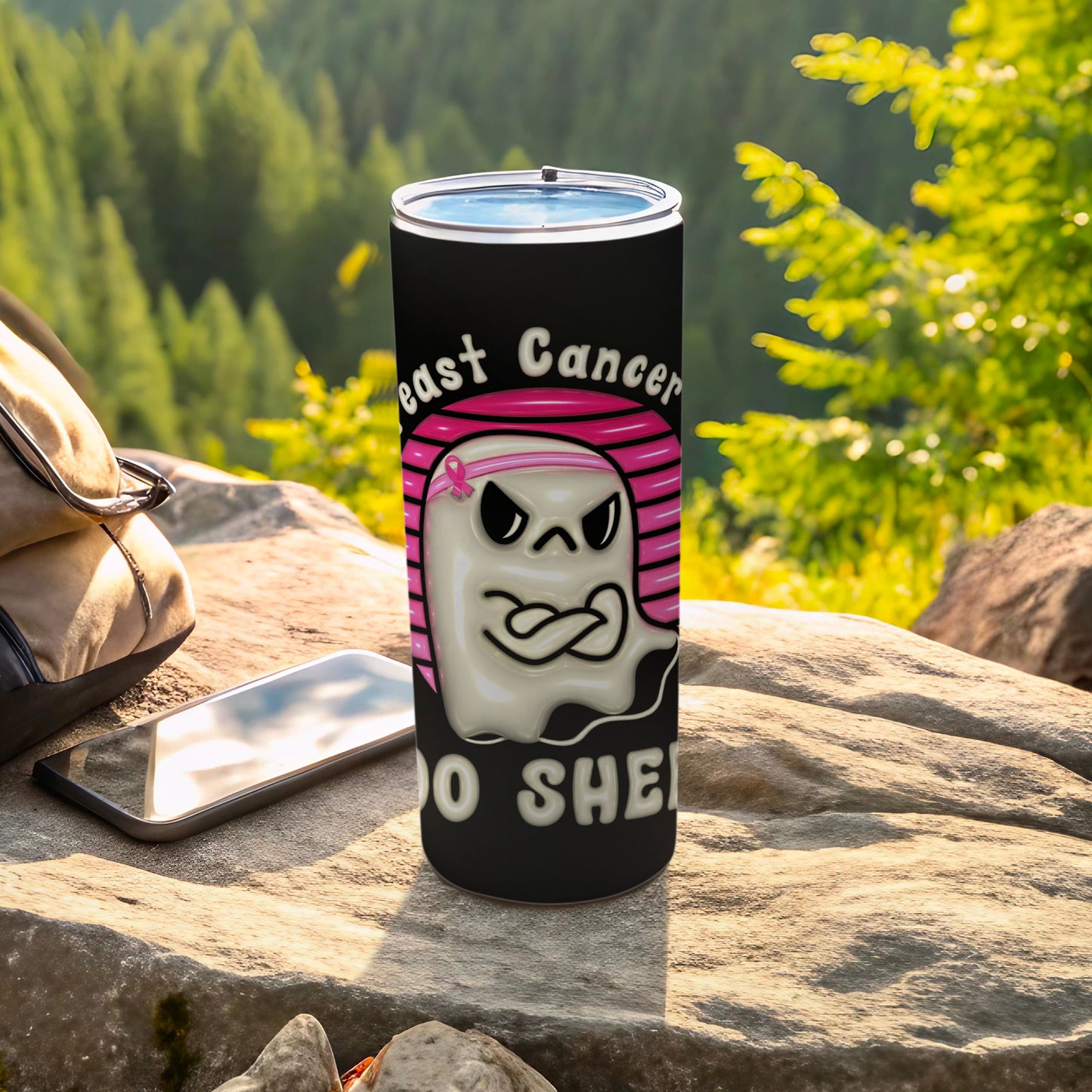 Black tumbler with "BOO SHE" and ghost graphics for breast cancer awareness.