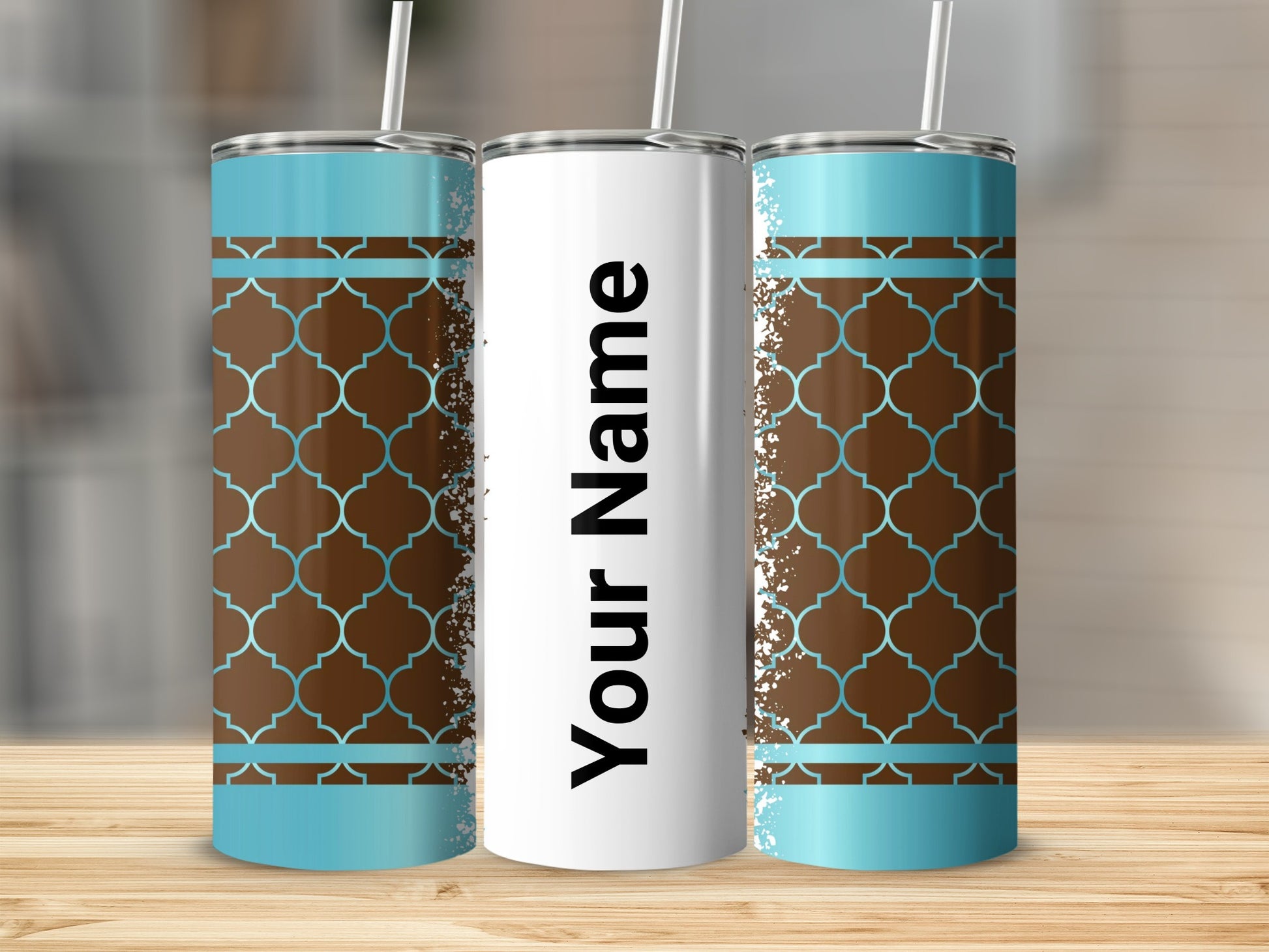 Personalized Brown and Teal Patterned Tumbler Product