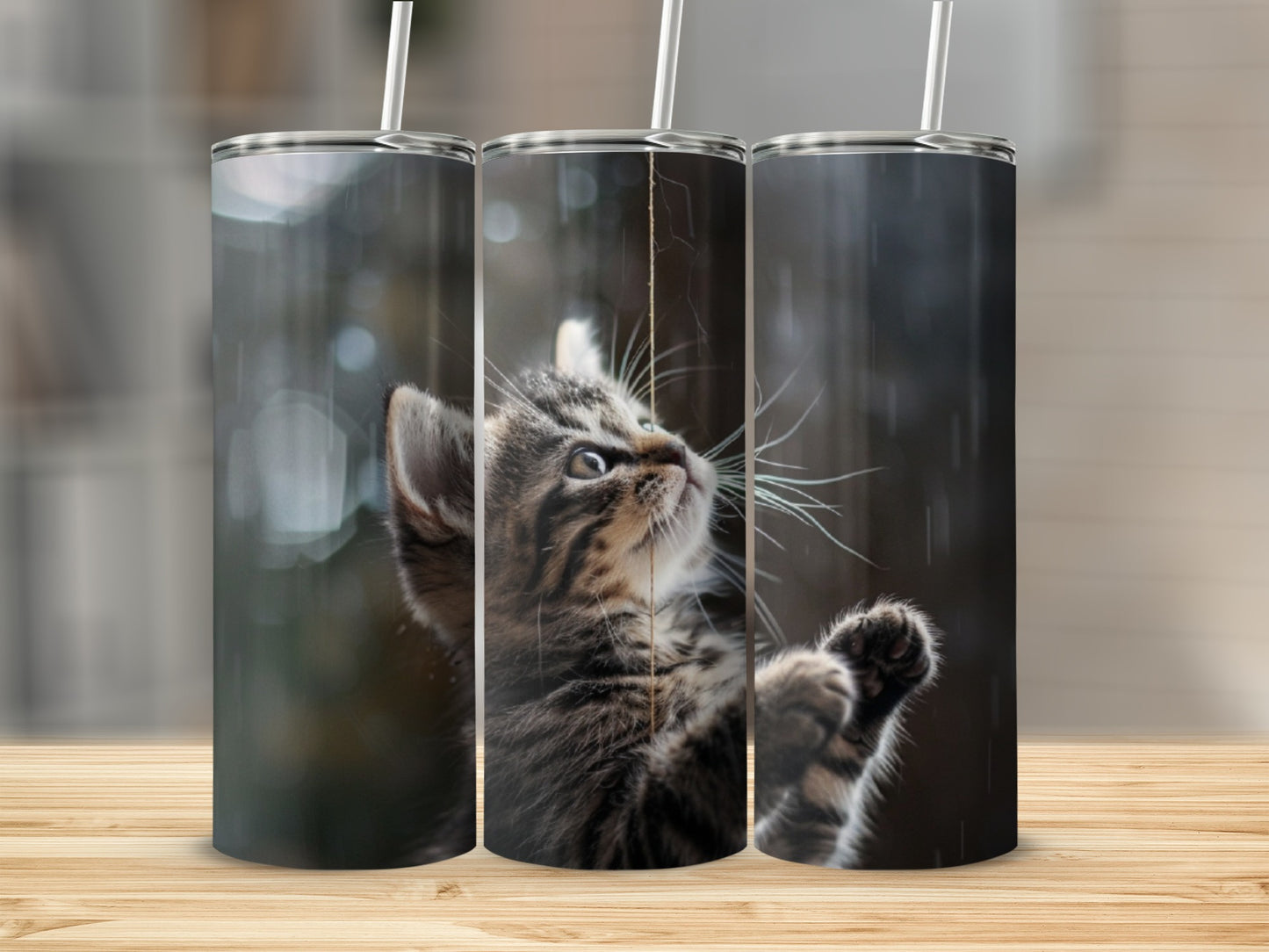 Kitten playing with string in the rain.