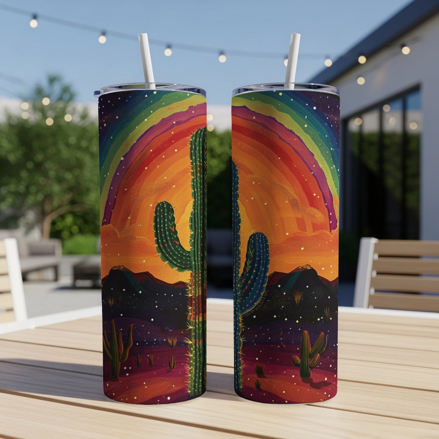 Two tall tumblers with a desert rainbow and cactus design.