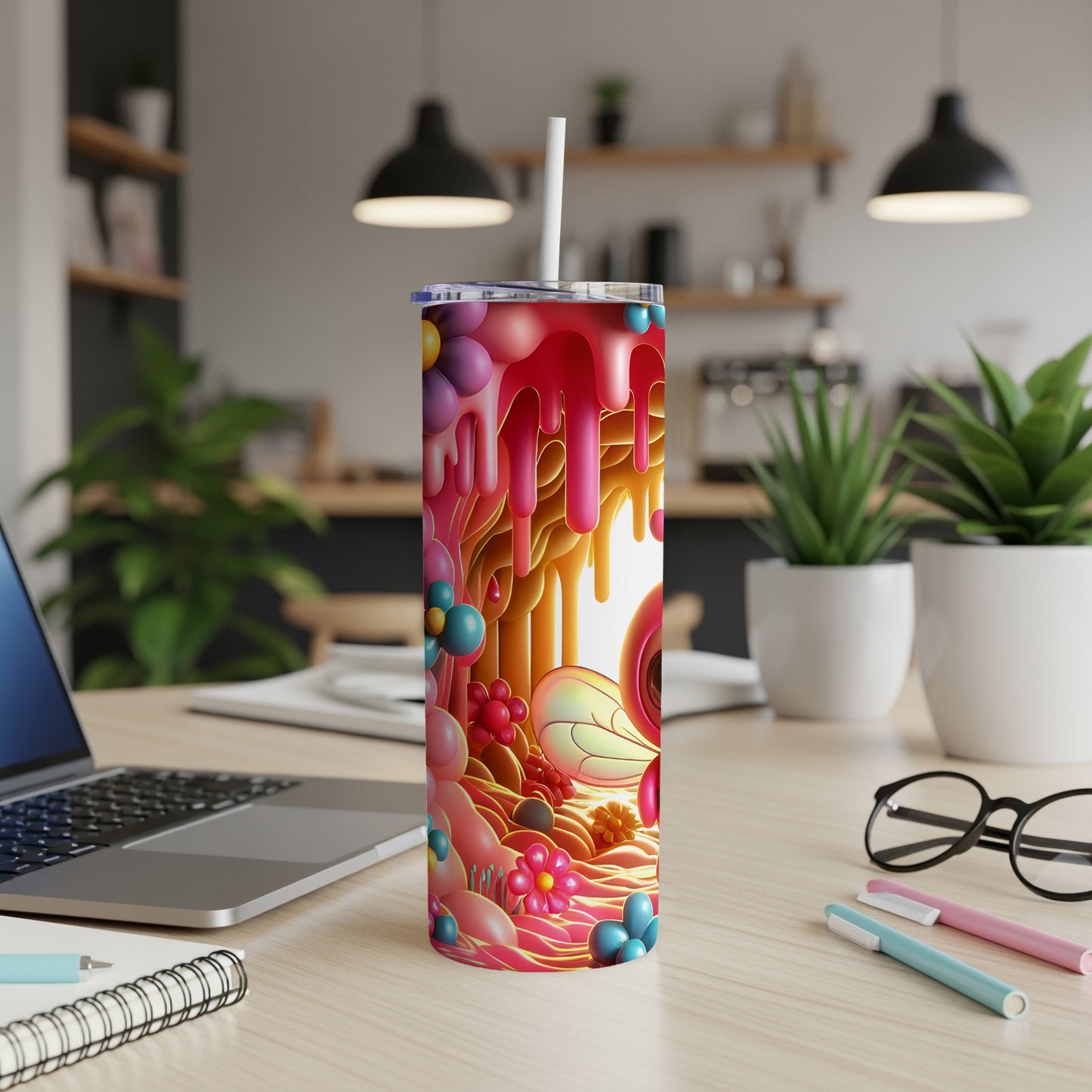 Pink and yellow dripping slime design on a tumbler with bee accents.