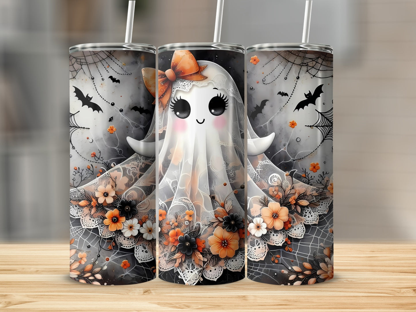 Cute Ghost with Floral Accents Halloween Tumbler Product