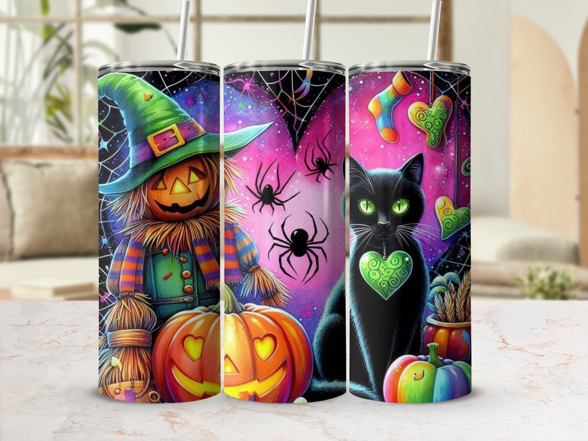 Halloween tumblers with pumpkin scarecrow, black cat, spiders, and pumpkins.