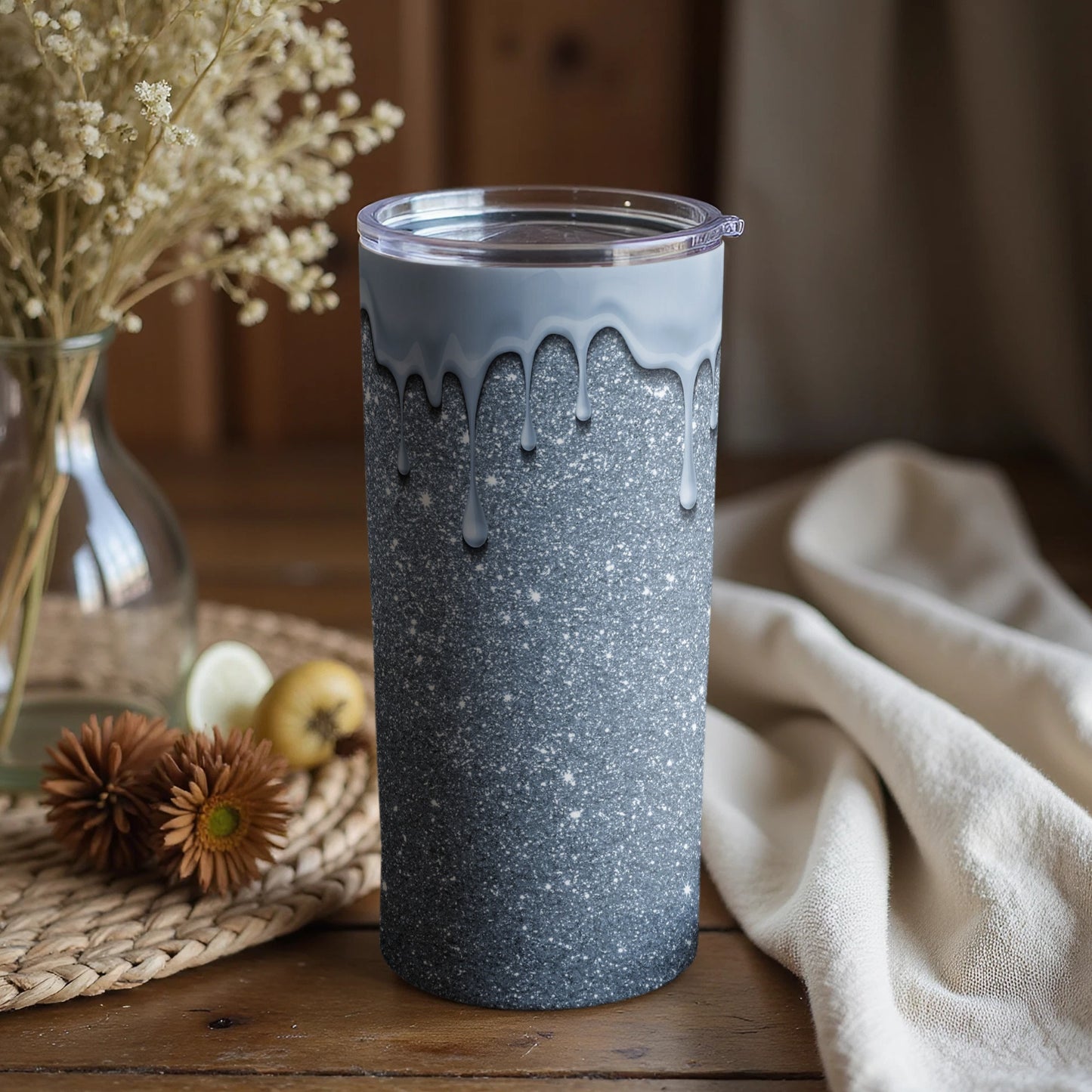 Elegant Gray Drip Effect Glitter Tumbler Cup