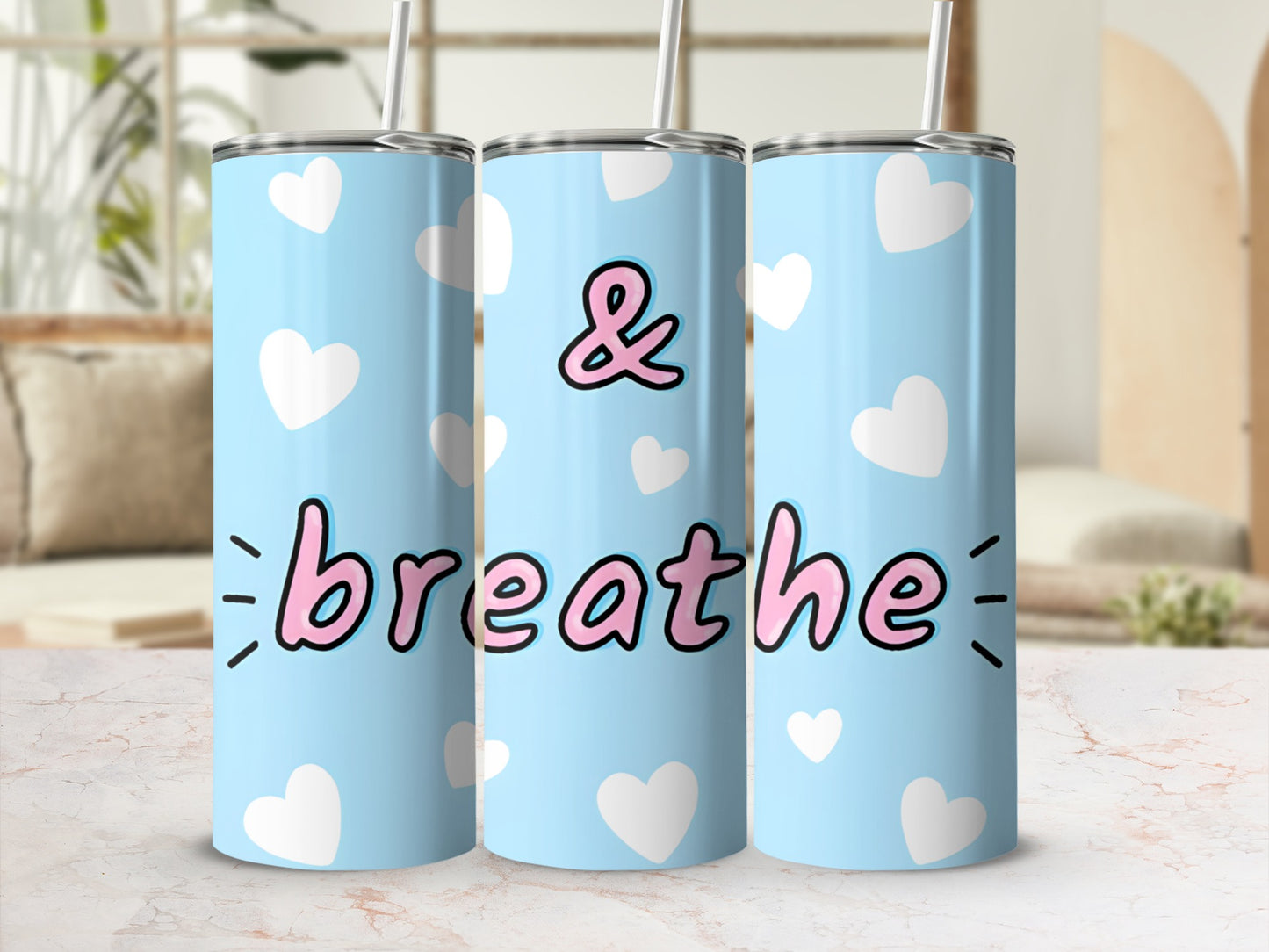 Blue & Breathe Design Tumbler with White Hearts