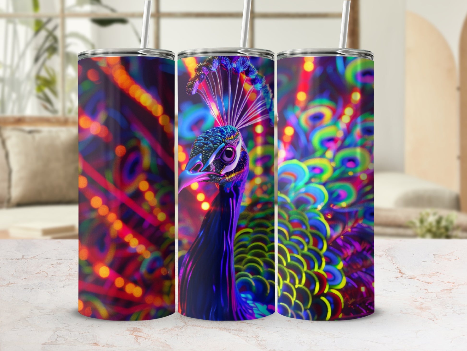 Triptych of a vibrant peacock against a blurred background of colorful lights.