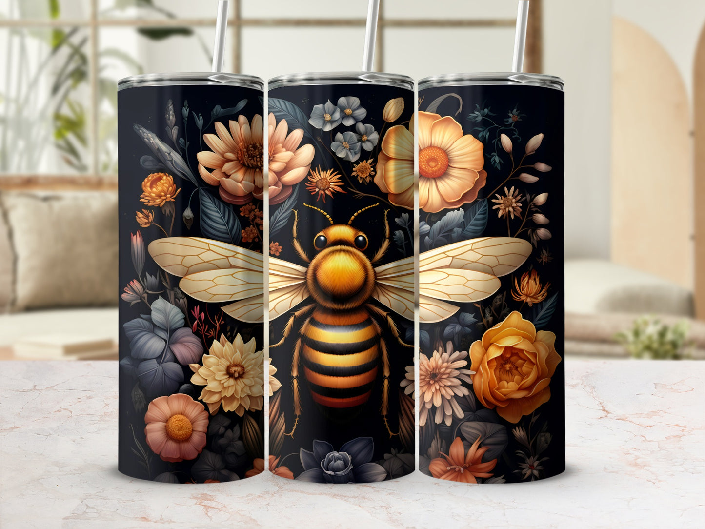Bee with striped body and patterned wings surrounded by vintage flowers.