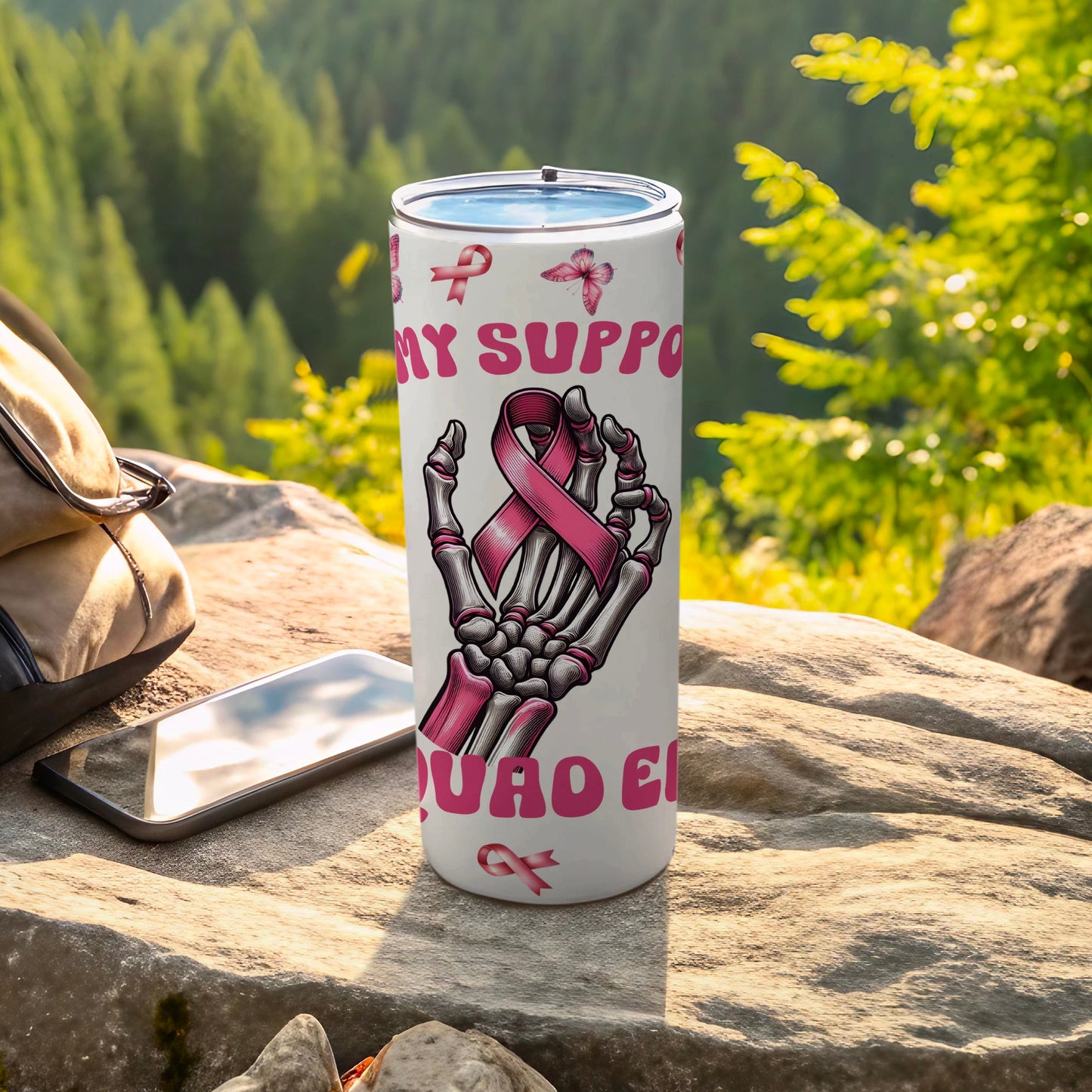 Tumbler with pink ribbon and skeleton hand, text "MY SUPPO SQUAD".