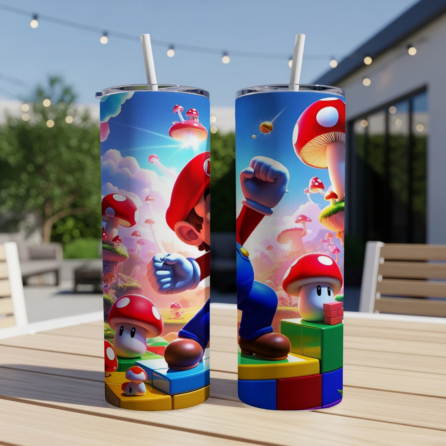Mario in action on colorful blocks with mushrooms and a bright sky background.