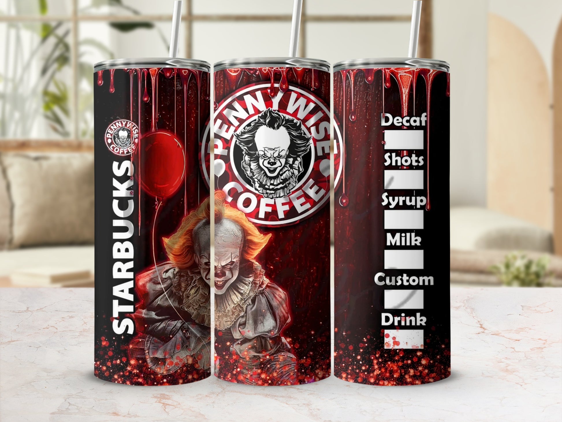 Three tumblers featuring Pennywise the clown and Starbucks-style coffee customization options.