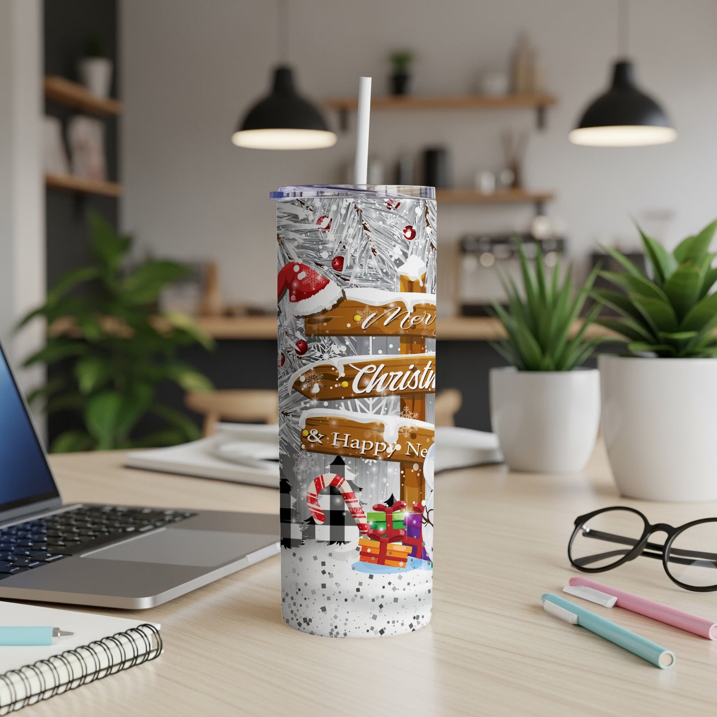 White tumbler with Christmas design, "Merry Christmas & Happy New Year" text.