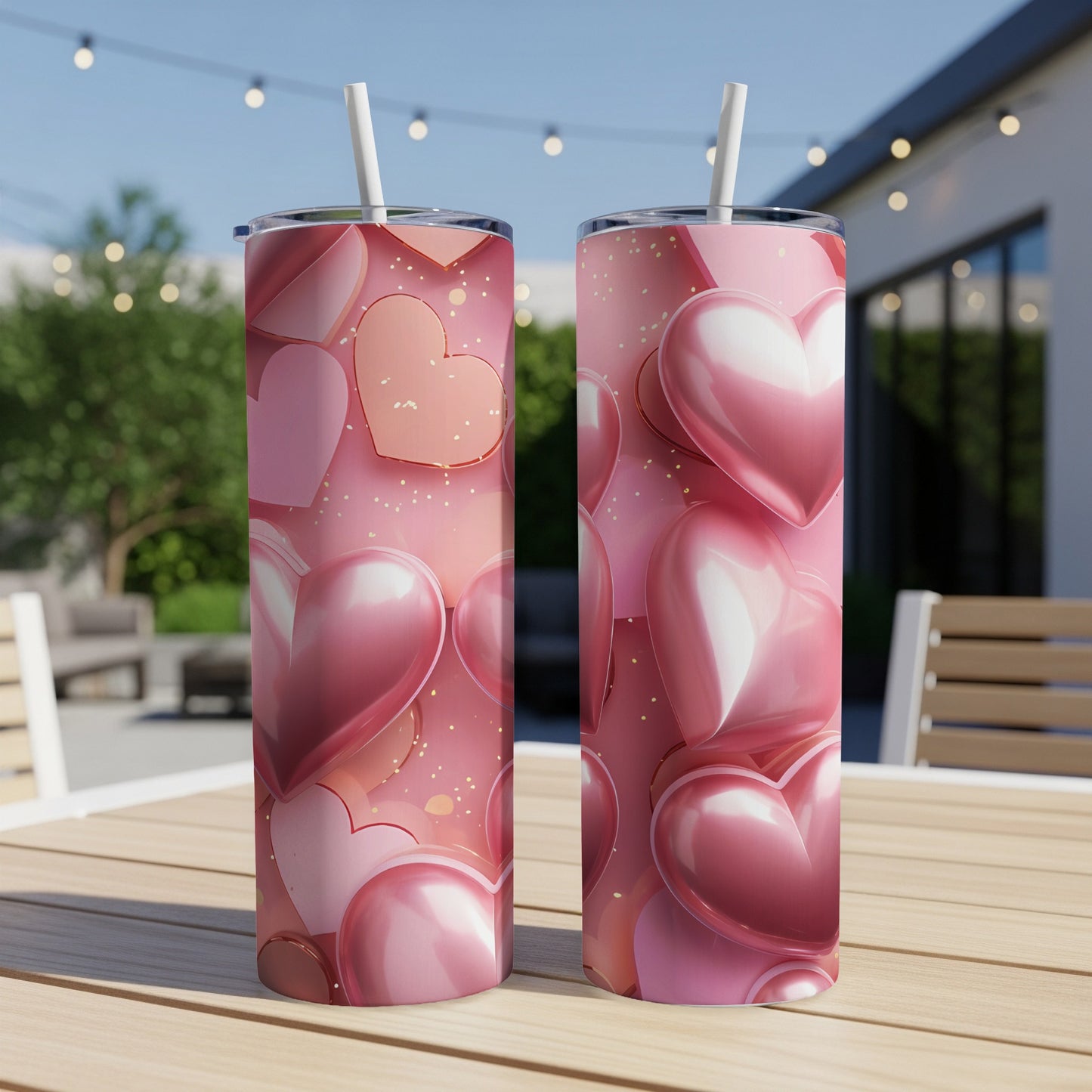 Pink and rose gold heart pattern on two tumblers with straws.