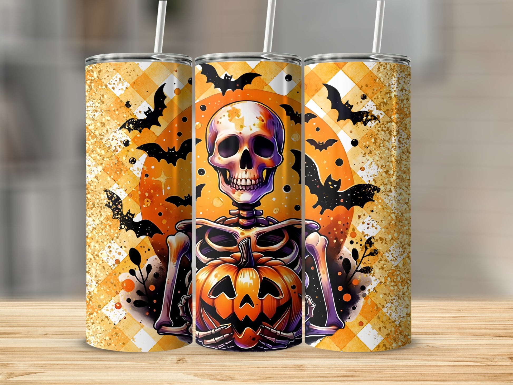 Halloween Skeleton and Pumpkin Design Tumbler