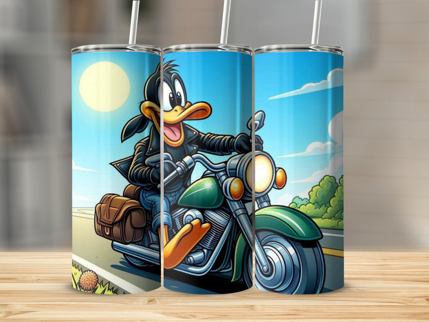 Cartoon Duck Riding Motorcycle Stainless Steel Tumbler