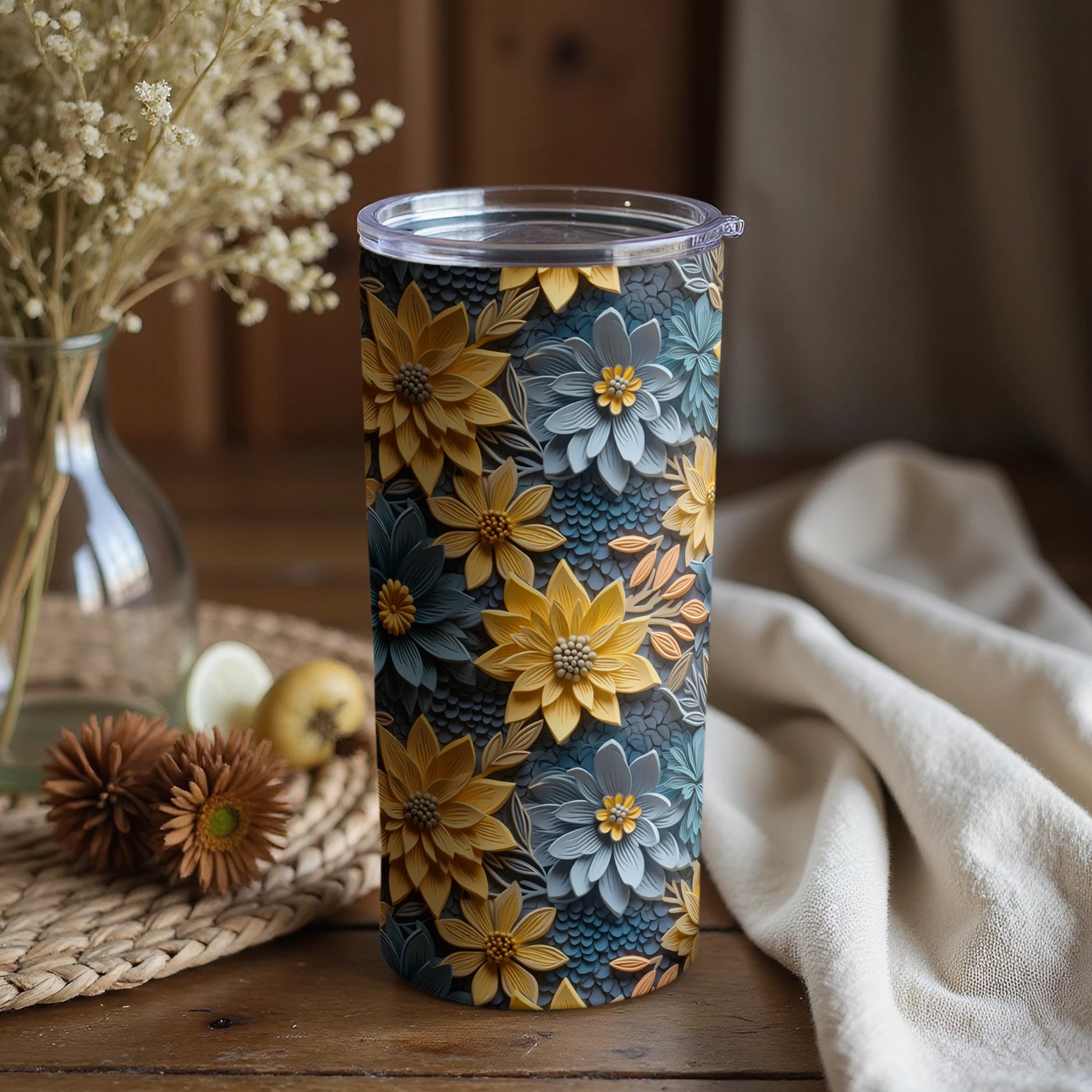 Floral Themed Tumbler with Lid for Hot and Cold Drinks