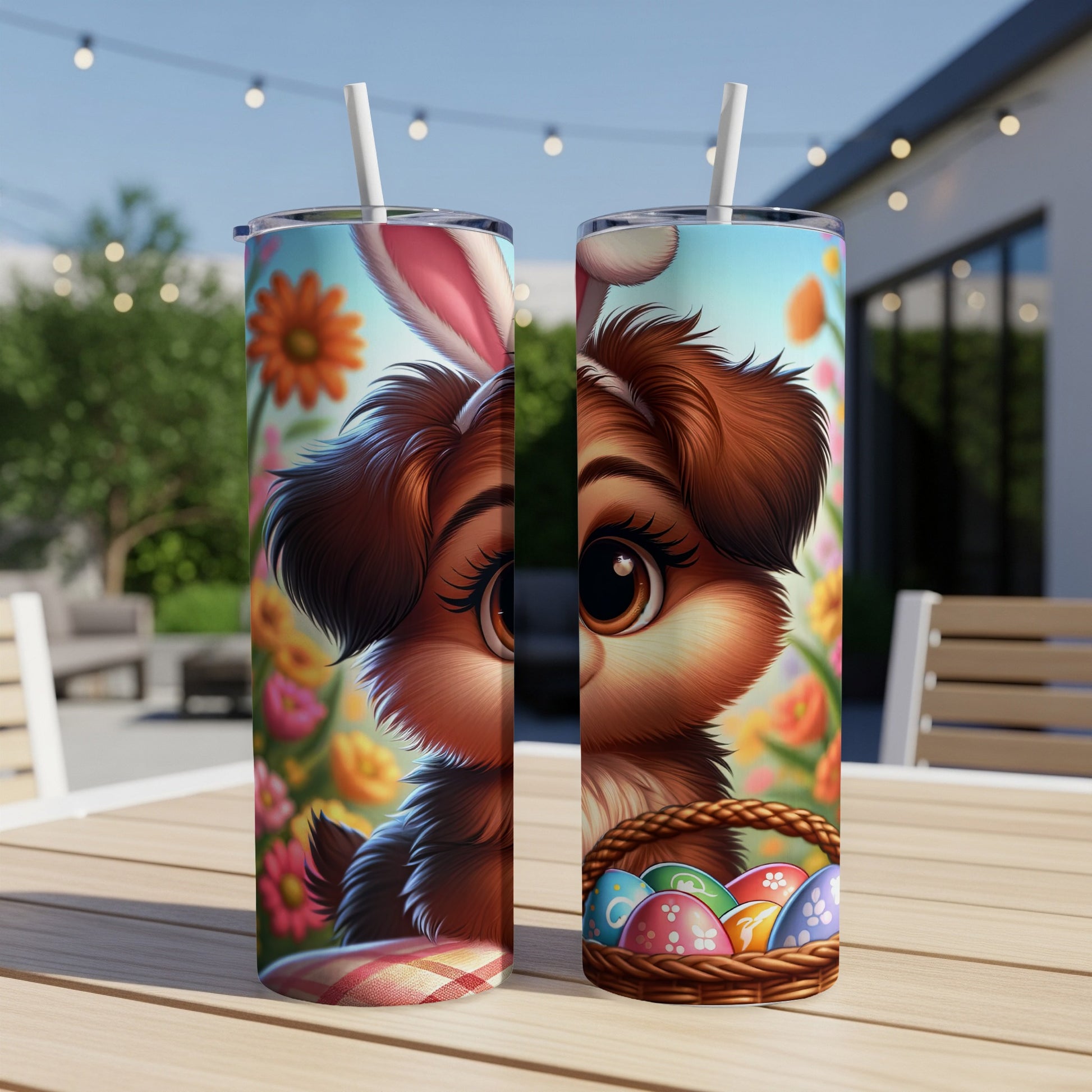 Two tumblers featuring a cartoon puppy with bunny ears and an Easter basket of eggs.