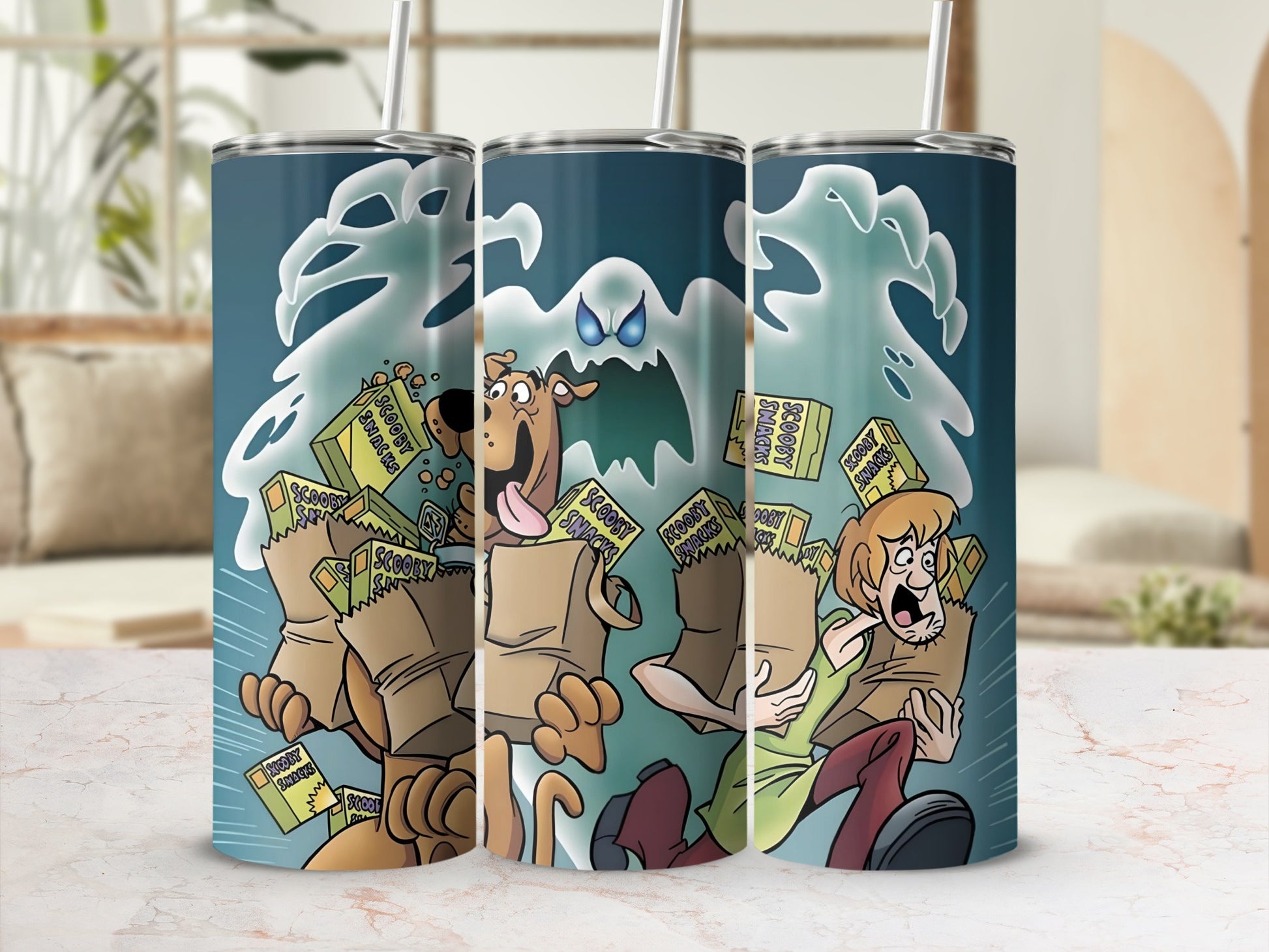 Scooby-Doo characters running with Scooby Snacks boxes.