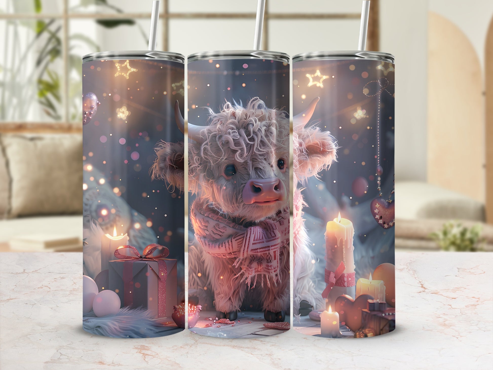 Highland cow wearing a scarf, surrounded by candles and festive lights.
