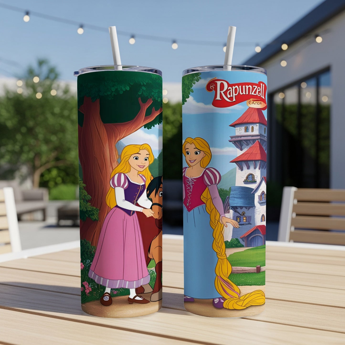 Rapunzel and Flynn Rider on two tumblers, with Rapunzel Castle on one.